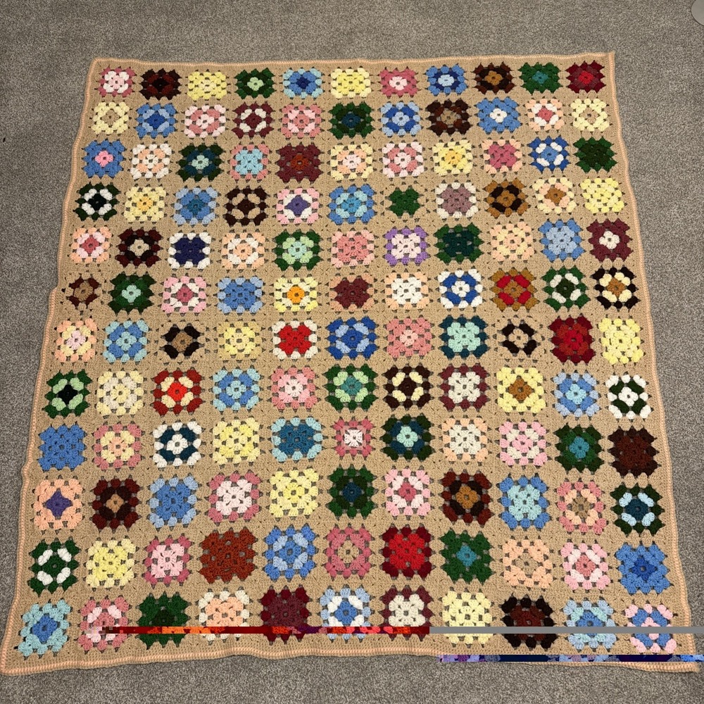 Handmade Crochet Granny Square Afghan Blanket Multicolor Tan 61 x 58
